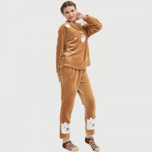 Ženy Flanel Fleece zvířecí vyšívací medvěd pyžamo Set